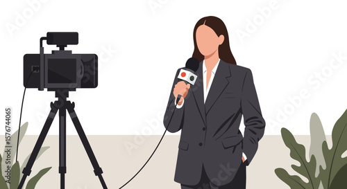 Faceless Reporter with Microphone and Camera News Broadcast Illustration.