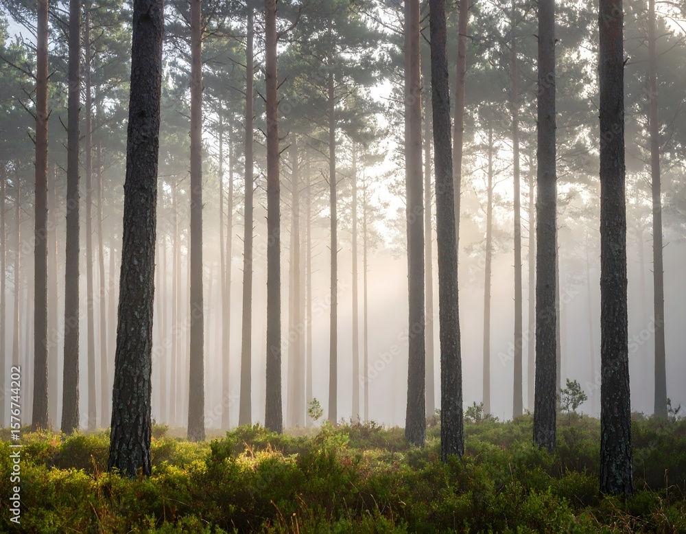 Obraz premium Pine Forest Sunlight Morning Scene