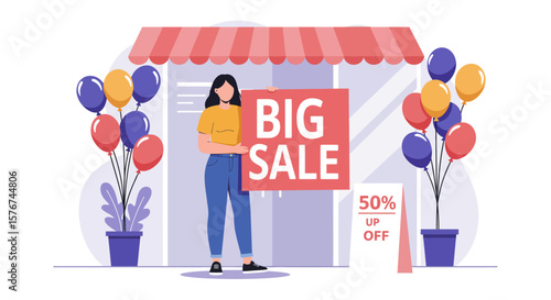 Festive Big Sale Announcement: Woman Holding Sign in Front of Colorful Balloon-Decorated Shop.