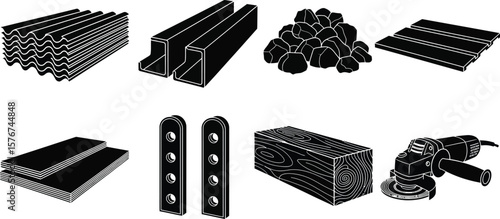 Illustration of construction materials and a grinder tool in black