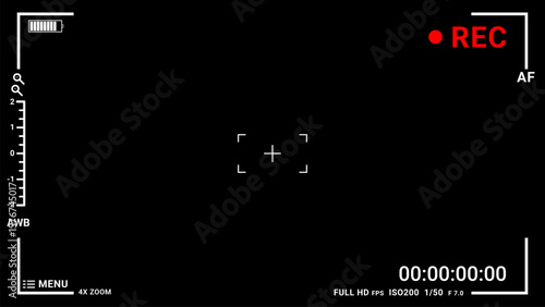 Digital video recording screen red REC indicator autofocus black background viewfinder timer recording timecode camera filming production movie broadcast