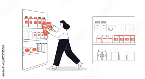 Supermarket Shopper Places 200 Off Sign on Shelf.
