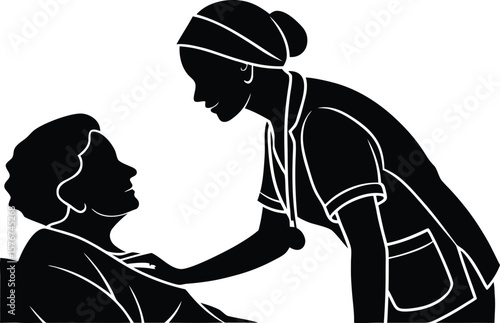 Vector silhouette of a nurse providing compassionate care to an elderly patient. Black icon clip art isolated on a transparent background, perfect for healthcare, support, and caregiving themes.