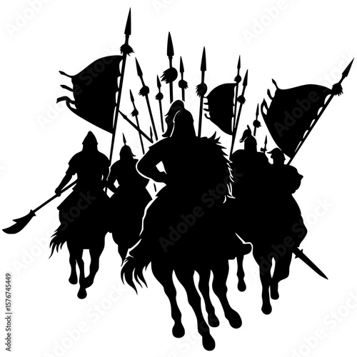 a black silhouette illustration of an ancient or medieval cavalry charge. A group of armored warriors on horseback, armed with spears and carrying standards.