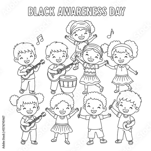 Happy diverse children playing music together for black awareness day isolated on transparent background