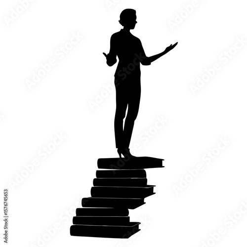 Person silhouette on stack of floating books