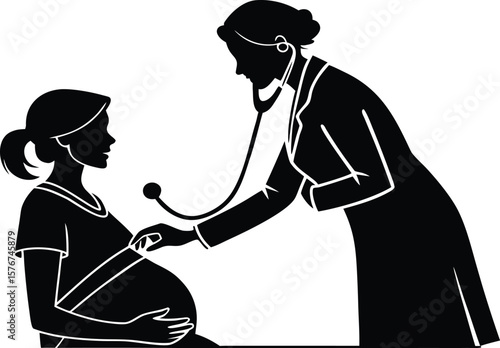 Silhouette of a doctor examining a pregnant woman with a stethoscope. Vector black icon isolated on transparent background. Ideal for maternity, healthcare, or prenatal themes.