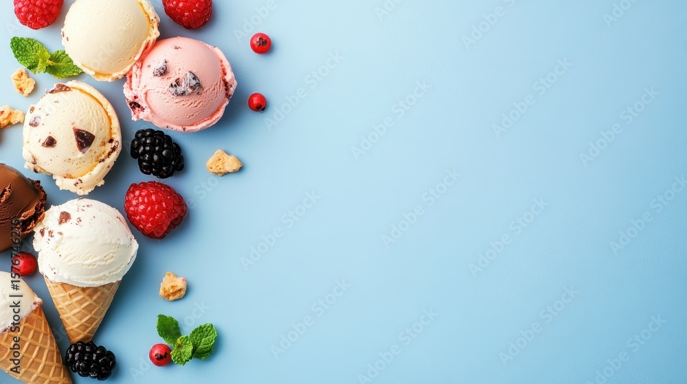 Fototapeta premium Ice cream with toppings on blue background, clean top space for headline
