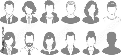 Collection of faceless cartoon avatars in grayscale on white background