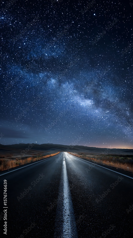 Naklejka premium Night Road Under Milky Way Asphalt Leading to Horizon Amidst Vast Starry Expanse