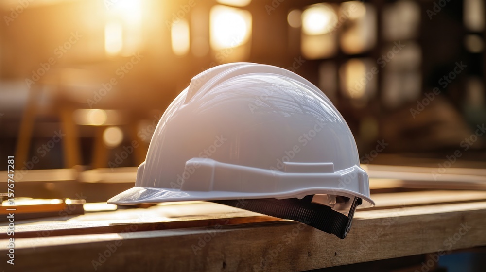 A pristine white hard hat rests on a wooden surface, symbolizing safety and construction in the industrial environment. Sunset glow intensifies. A pristine white hard hat rests on a wooden surface, symbolizing safety and construction in the industrial environment. Sunset glow intensifies.