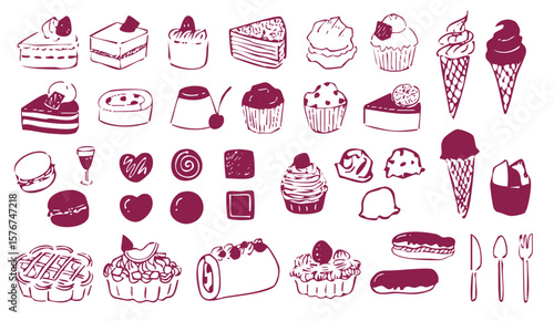 ケーキやアイスなどのスイーツを描いた手描き風線画イラストセット（お菓子 デザート ベクター）