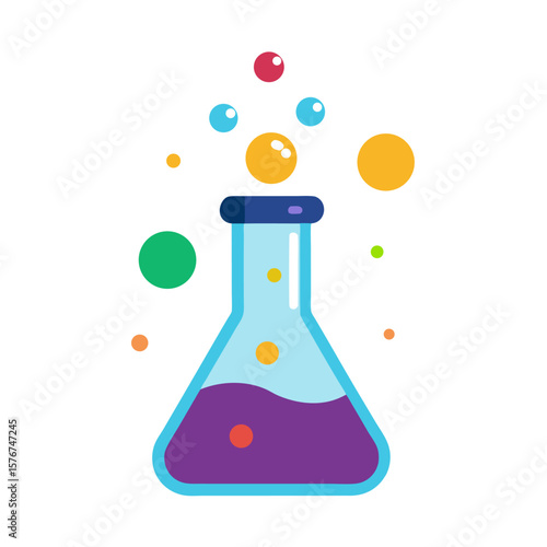A science beaker with colorful bubbling liquid and spheres vector icon on white background.