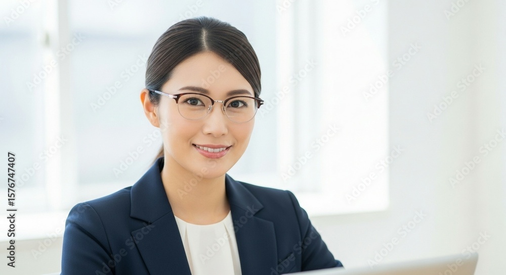 知的な眼差し、眼鏡が際立つビジネスウーマンのポートレート 知的な眼差し、眼鏡が際立つビジネスウーマンのポートレート