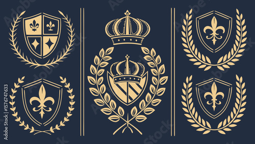 Collection of golden royal crests and emblems with shields and crowns on dark blue background