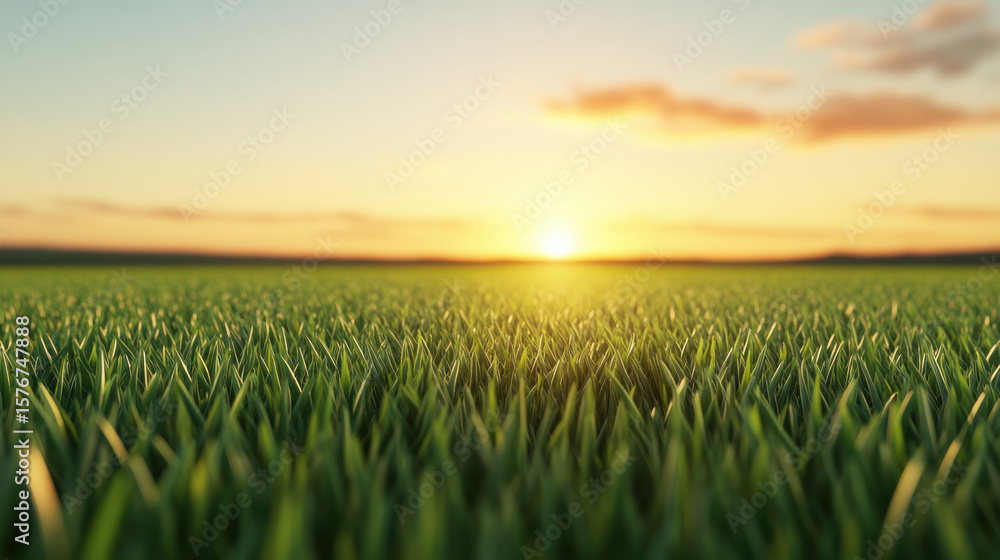 Calm green meadow with glowing sky reflecting warm sunlight creates peaceful and serene natural landscape Calm green meadow with glowing sky reflecting warm sunlight creates peaceful and serene natural landscape