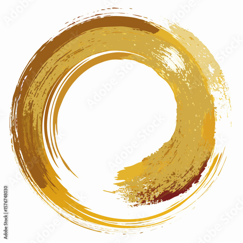 Abstract golden brush stroke circle with textured paint on white background
