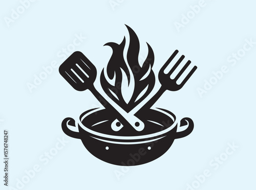 Kitchen cookware silhouette with fire and utensils design