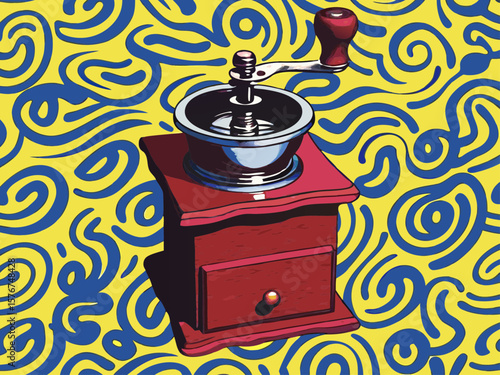 Vintage Coffee Grinder on Vibrant Swirled Background for Food Blogs, Culinary Websites, Kitchen Decor, Art Prints, and Social Media Content  