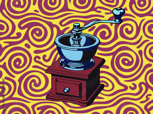 Vintage Coffee Grinder Illustration with Vibrant Background for Cafés, Culinary Blogs, Menu Designs, and Coffee Culture Awareness  