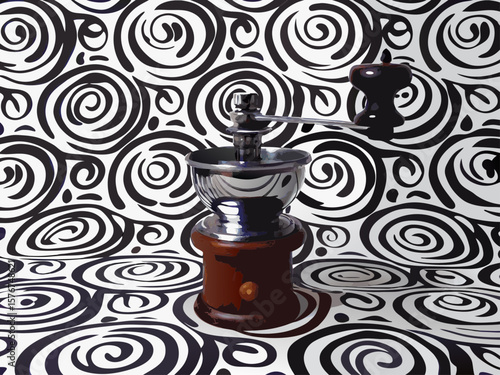 Vintage Coffee Grinder on Swirled Black and White Background for Coffee Culture Blogs, Kitchenware Websites, Culinary Articles, and Social Media Food Content  