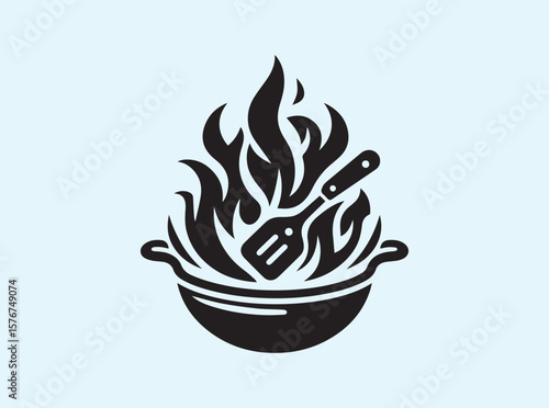Minimalist black frying pan with utensils and flame icon