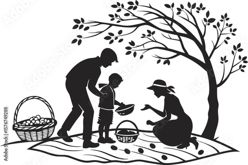 Silhouette vector of a family fruit picking under a tree. Black clip art icon isolated on transparent background. Perfect for nature, harvest, or outdoor family activity themes.