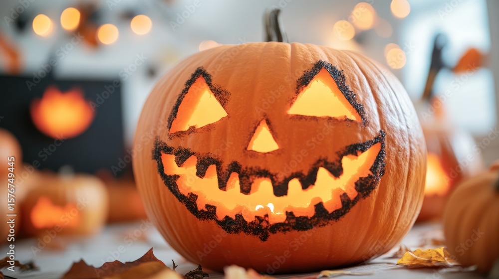 Fototapeta premium A vibrant carved pumpkin with a spooky face, perfect for Halloween celebrations and autumn festivities.