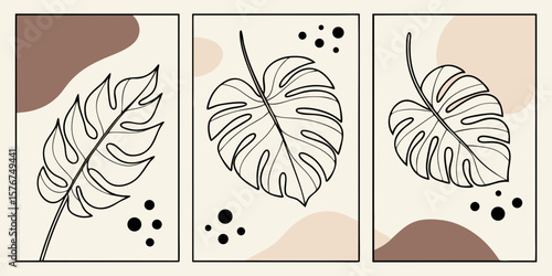 Abstract line art monstera leaves with organic shapes and dots
