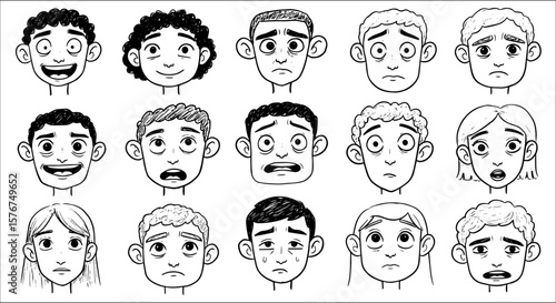 Collection of diverse black and white cartoon faces depicting a range of human emotions and facial expressions, ideal for character design and emotion study.
