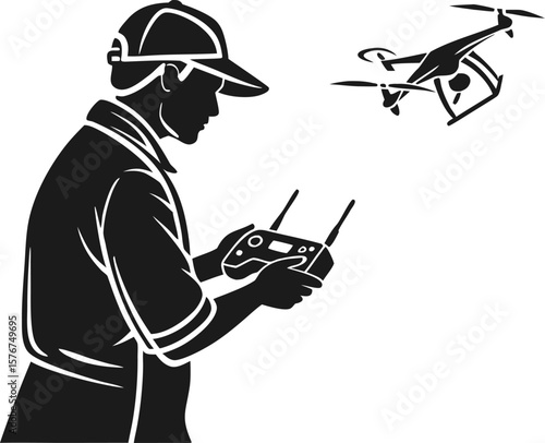 Silhouette vector of a man flying a drone with a remote controller. Black clip art icon isolated on a transparent background. Ideal for tech, aerial, and hobby concepts.