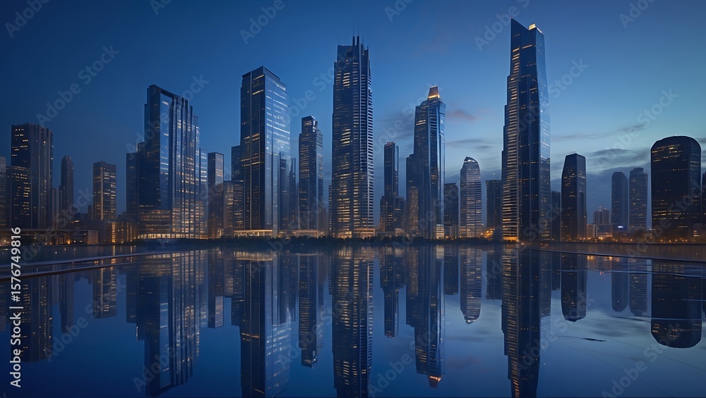 Fototapeta premium City Skyline at Dusk with Reflections in Water cityscape