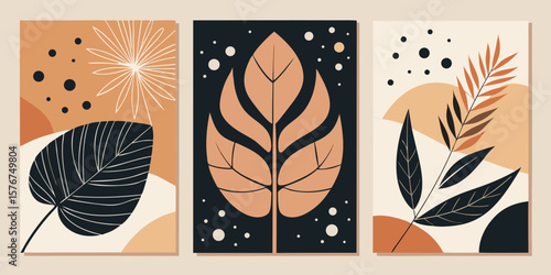 Abstract botanical triptych with mid century modern plant illustrations