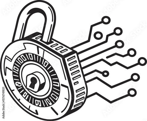 Silhouette vector of a digital padlock with circuit lines. Black clip art icon isolated on a transparent background. Ideal for cybersecurity, encryption, and data protection themes.
