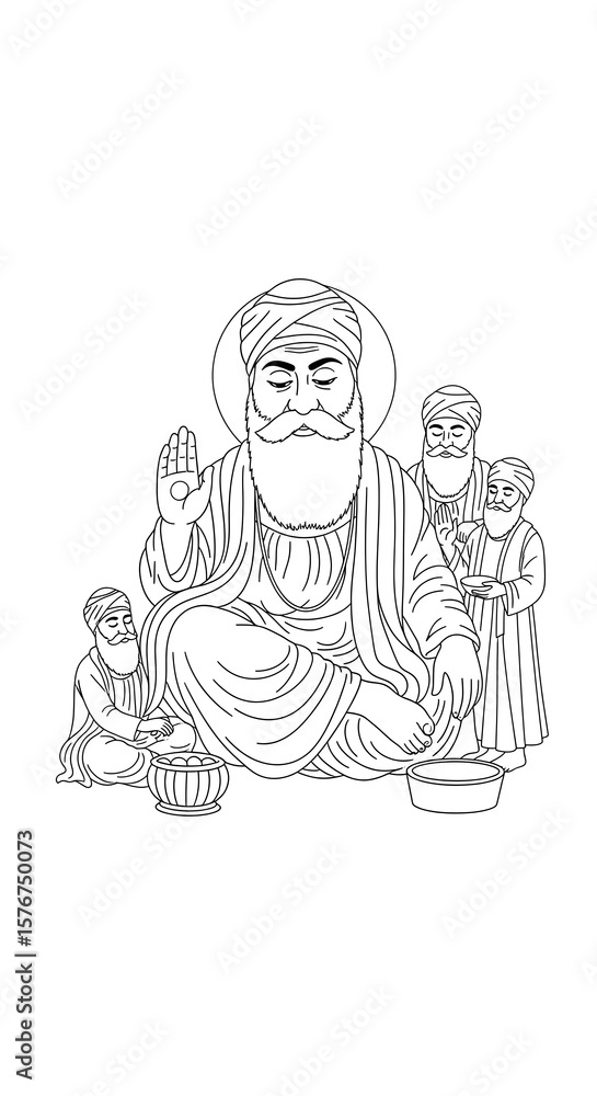 Obraz premium Guru nanak dev ji with followers in a religious gathering isolated on transparent background