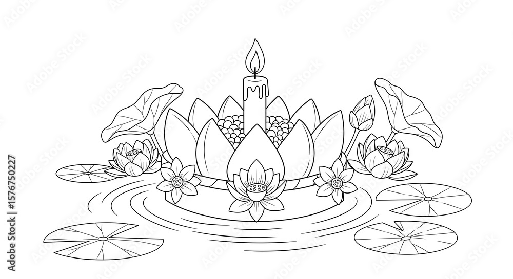 Fototapeta premium Candle in a lotus flower arrangement on water isolated on transparent background