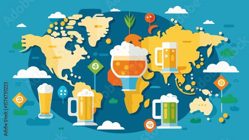 Global beer consumption and production across the world map with various beer glasses