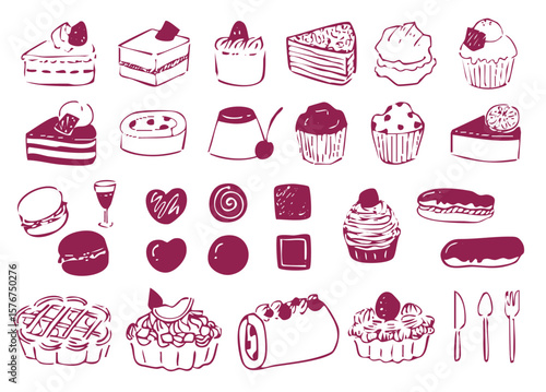 ケーキやアイスなどのスイーツを描いた手描き風線画イラストセット（お菓子 デザート ベクター）