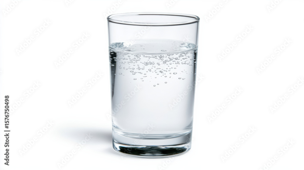 Clear glass filled with sparkling water showing bubbles on white background, refreshing and clean drink concept Clear glass filled with sparkling water showing bubbles on white background, refreshing and clean drink concept