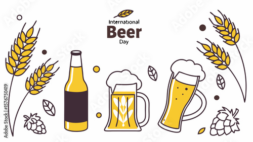 International beer day celebration with stylized beer bottles and mugs and wheat