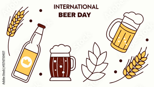 International beer day celebration with beer bottles mugs and barley illustrations