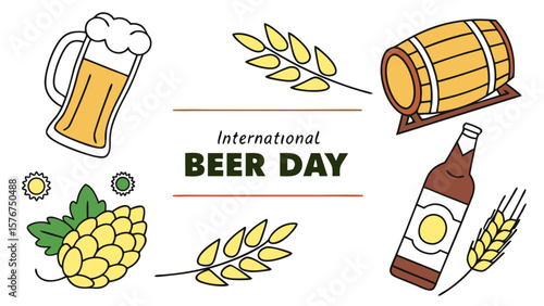 International beer day celebration with a pint bottle barrel hops and barley