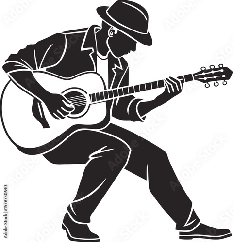 Silhouette vector of a man playing acoustic guitar while seated, wearing a hat. Black clip art icon isolated on a transparent background. Perfect for music, art, or concert themes.