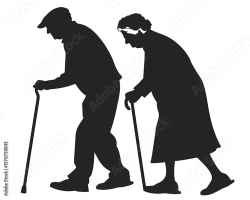 Silhouette vector of an elderly couple walking with canes. Black clip art icon isolated on a transparent background. Ideal for senior, aging, and healthcare themes.