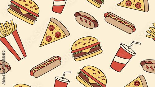 Fun cartoon pattern of burgers hot dogs fries pizza and drinks