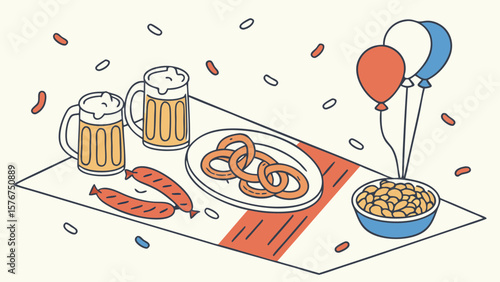 Festive spread of beer pretzels sausages and snacks with balloons