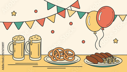 Festive celebration with beer pretzels sausages and balloons and bunting