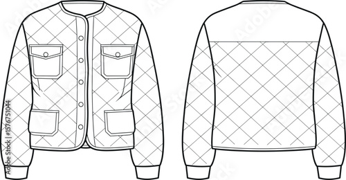 Quilted button jacket flat fashion sketch, front and back technical illustration with flap pockets, cuff sleeves, casual outerwear design