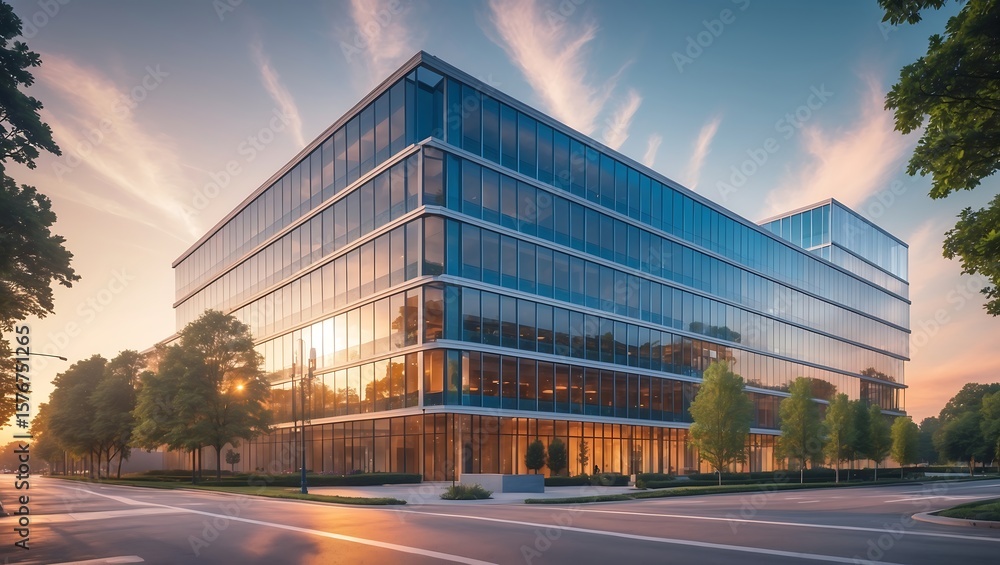 Fototapeta premium Modern Glass Office Building Exterior at Sunset with Trees and Street
