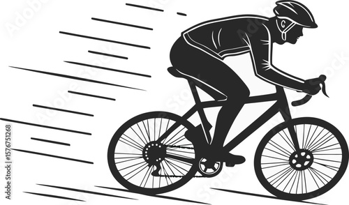 Silhouette vector of a cyclist riding a racing bike at high speed, with motion lines indicating fast movement. Perfect for sports, fitness, and cycling-related designs. black clipart  isolated 